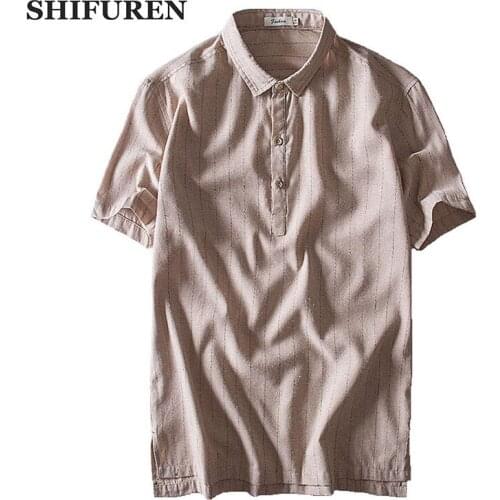SHIFUREN Summer Cotton Linen Shirts Men Short Sleeve Breathable Causal Male Striped Dress Shirts Turn-down Collar Size M-2XL