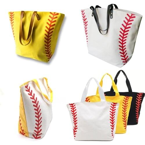 Super Large High Quality Softball Baseball Canvas Cotton Girls Tote Bags Team Players Accessories Yellow White Handbags