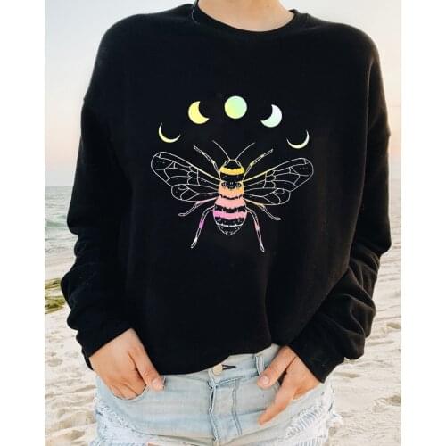 Womens Sweatshirt Gradient color Moon Phase Bee Graphic Print Sweats Autumn Fashion Casual grunge Vintage 90s aesthetic Top