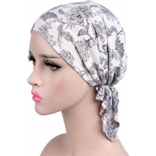 Muslim Women Print Stretch Cotton Pre tied Scarf Turban Hat Cancer Chemo Beanies Caps Head Wrap Headwear Hair Loss Accessories