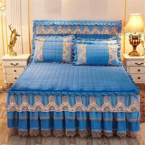 Thickened warm crystal wool quilting Bedspread Fitted Sheet Pillowcases 2/3pcs Double-deck Lace embroidery Princess Bedding