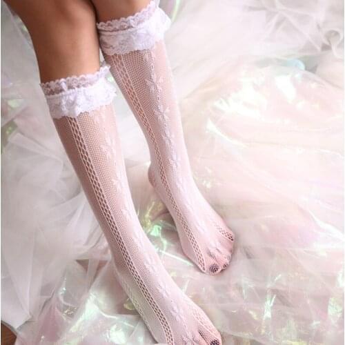 Japanese Women Sweet Lace Long Stockings Lolita sakura cherry lace Stockings Color White&Black