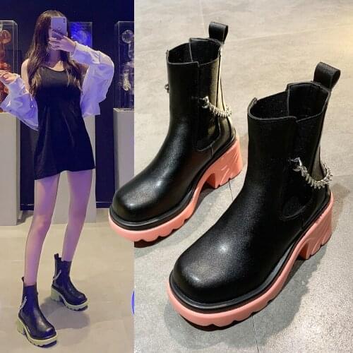 Port British Style Natural Leather Round Toe Thick-soled Decorative Chain Chelsea Boots High Street Fashion Girl Ankle Boots