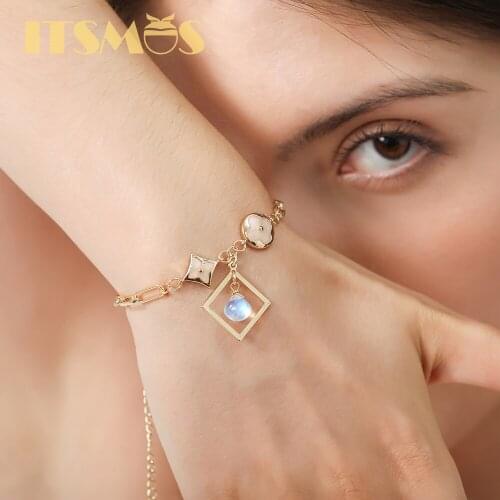 ITSMOS Pink Moonstone Natural Gemstone Bracelet 14k Gold Plated Sweet Romantic Style Jewelry Charm Bracelets for Women