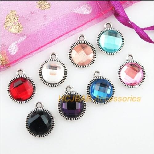 16Pcs Tibetan Silver Tone Retro Round Mixed Crystal Charms Pendants 12.5x15.5mm