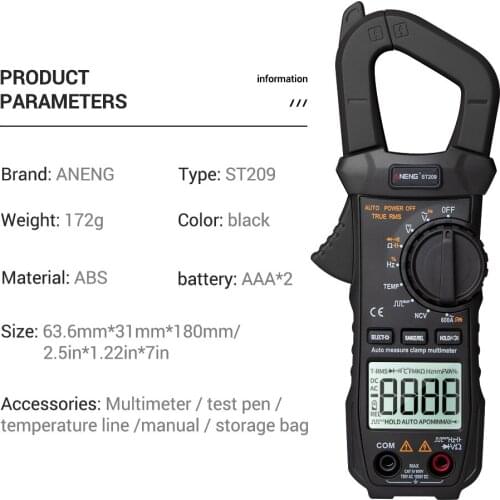 Aneng St209 Digital Multimeter Clamp Meter 6000 Count True Effective Value Amp Dc/ac Current Lcd Monitor Clamp Tester Voltmeter