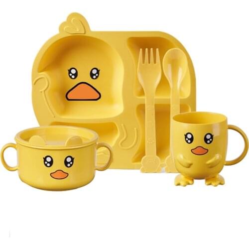Childrens Dinner Plate Bowl Cup Set Kindergarten Dinner Plate Grid Tableware Cartoon Baby Anti-fall Tableware Household