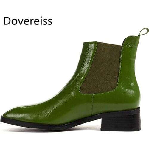 Dovereiss Fashion Womens Shoes Winter New Elegant Pure Color Green Square Toe Sexy Ankle Boots Slip on Concise Mature
