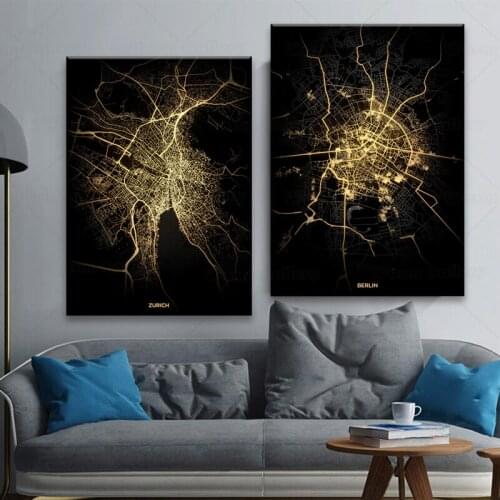 World City Map Berlin,Zurich Night View Traffic Highway Light Canvas Decorative Painting Poster Corridor Study Art Decoration