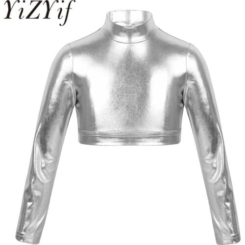 Gymnastics Leotard For Girls ballet dance clothes Long Sleeves Mock Neck Glossy Metallic Tops Crop Top Dancing Stage Performance