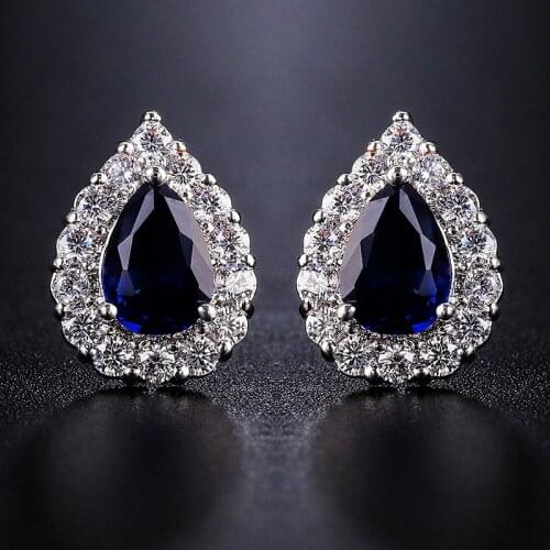 Water Drop Blue Green Crystal Stone Earrings Luxury Female Silver Color Stud Earrings For Women Vintage Wedding Party Earrings