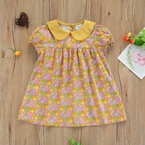 Summer Fashion Sweet Lovely Toddler Princess Dress Baby Girl Floral Printing Puff Short Sleeve Doll Collar Button