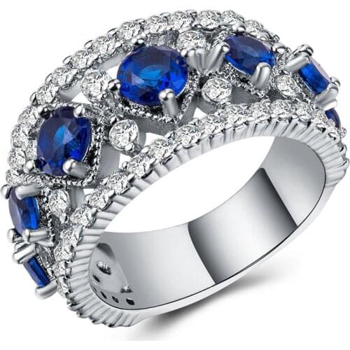 Megin D Hot Sale Vintage Luxury Bule Zircon Planted Silver Copper Rings for Men Women Family Friend Fashion Design Gift Jewelry