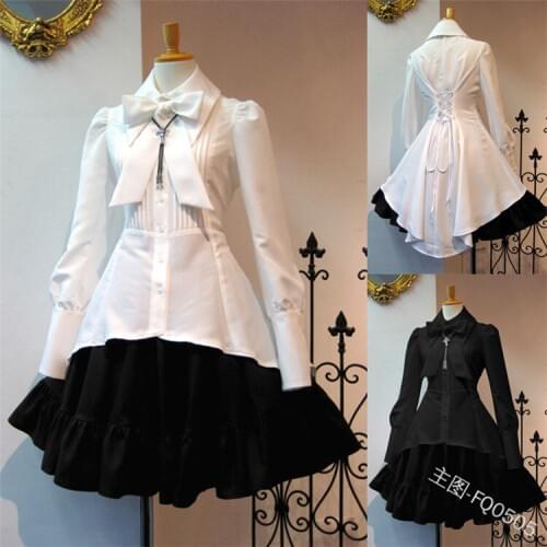 Sweet Lolita Dress Womens Fashion Bow Collar Long Sleeve Vintage Dress with Ruffles No Necklace Casual Shirt Patchwork Cute A-l