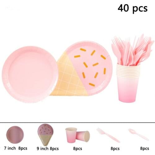 Disposable Tableware Accessories Birthday Party Ice Cream Series Plates Cups Knives Forks Spoons Party Supplies Solid Color