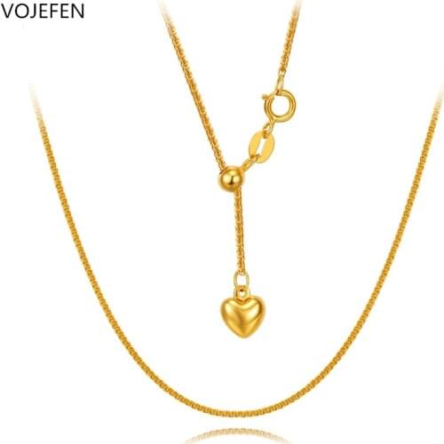 VOJEFEN 18k Yellow/Rose Gold Necklace Chopin Chain Link Golden Fine Jewelry For Women With Heart Pendant, Sliding Adjustment