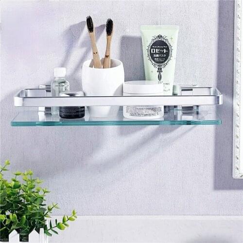 Tempered Glass Bathroom Shelf Aluminum Storage Rack Rectangular 30 40 50cm 1 Tier Silver Sand Sprayed Wall Mounted