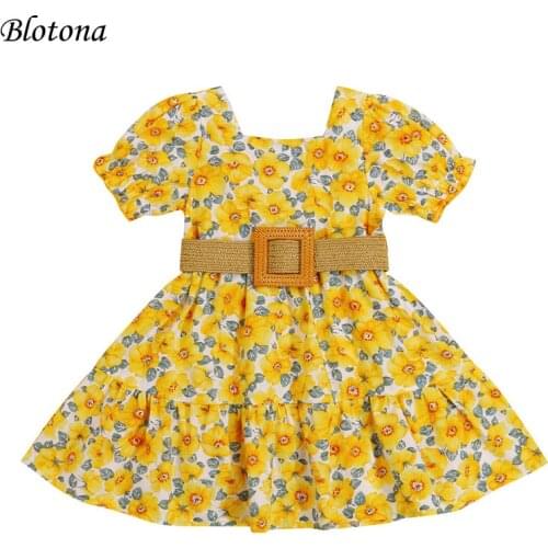 Blotona Lovely Baby Girls Casual Two-piece Clothes Set, Yellow Square Collar Short Sleeve Floral Dress and Waistband, 1-6Years