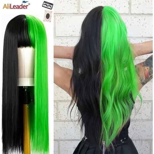 Alileader Two Tone Wig With Bangs Long Straight Wigs For Black Women Cosplay Wigs Heat Resistant Wig Half Black And Half Green