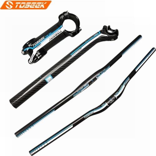 TOSEEK Blue 3K Carbon Fibre Mountian Bike Handlebar Sets MTB Horizontal/One-shaped Handlebars Stem Seatpost Backward 20 Degree