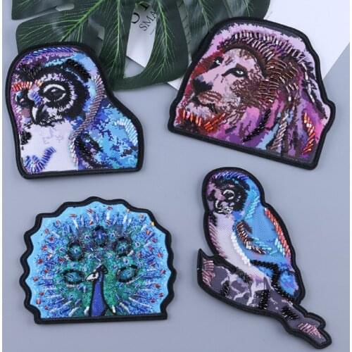 Bead Embroidery Patches Iron on Peacock Patch Embroidered Applique for Punk Clothes Beaded Iron Patches Lion 3D Thermo Stickers