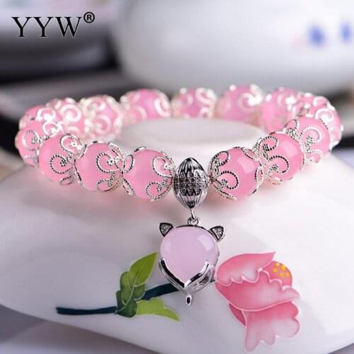 High Grade Pink Chalcedony Women Bracelets Fox Shape Silver Color 6inch Fashion Stone Beads Bracelet Pulseras Mujer Bijoux