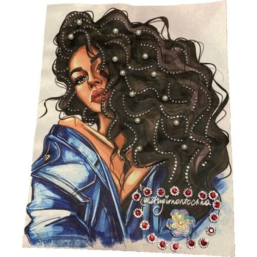 WUYUCONG 3D Printed African Women Heat Transfer Printing Patches for Clothes Jacket Handmade Flower Beaded Black Lady Appliques