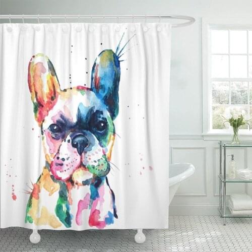 Frenchie French Bulldog Original Watercolor of Dog Funny Happy Shower Curtain Waterproof Polyester Fabric 72 x 78 Inches