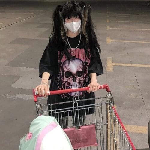 Gothic Skull Print Tshirt Vintage Clothes Women Summer Y2k Aesthetic Hip Hop Black Short Sleeve T-shirts Print Streetwear Top