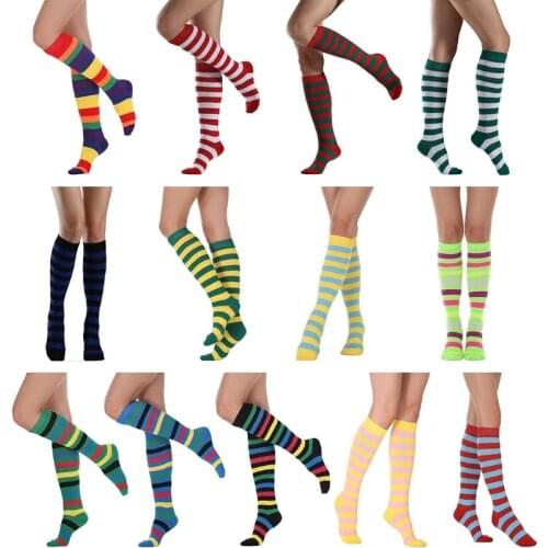 Women Cotton Knee High Socks Rainbow Colorful Striped Cosplay Dance Party Breathable Stretch Long Stockings Hosiery