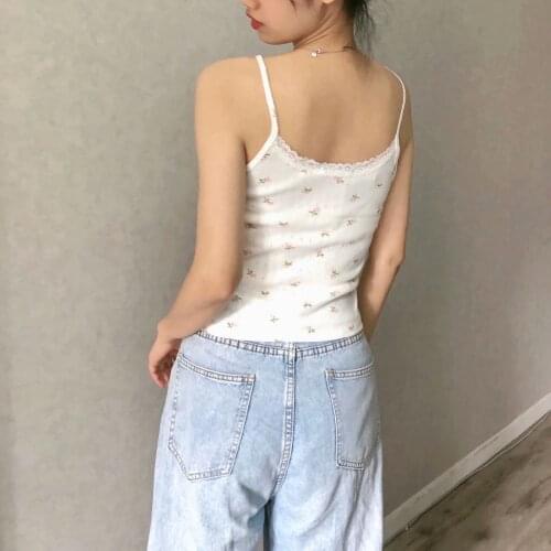 Sweet Women Soft Cotton O Neck Sling 2021 Summer Fashion Ladies High Street Sexy Sling Female Printed Lace Short Sling Top