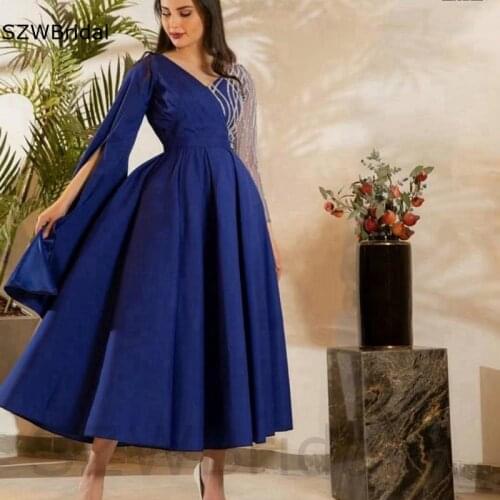 New Arrival V Neck Long sleeve Evening dresses Short Muslim dress women Satin Royal Blue Cheap Evening gown Prom dress
