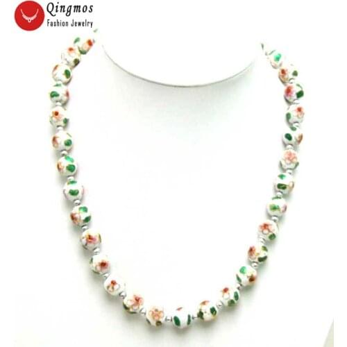 Qingmos White Cloisonne Choker Necklace for Women with 12mm White Round Cloisonne White Flower 20" Necklace Fine Newelry-5964