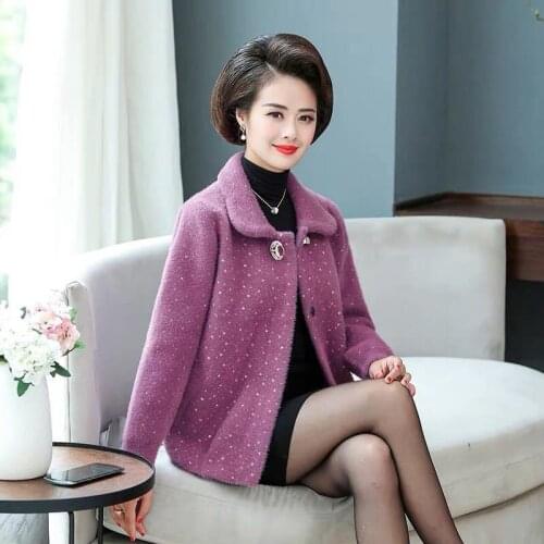 Women Winter Jacket High Quality Thick Imitation Mink Cashmere Coat Noble Middle-aged Mother Short Knit Cardigan Sweater W2386