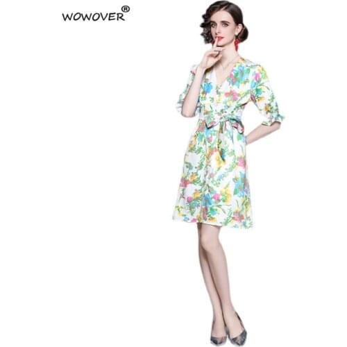 Europe Fashion Woman Clothes 2021 New Summer V Neck Printed Sweet Casual Knee Length Dress Lace Up Holiday Robe Femme