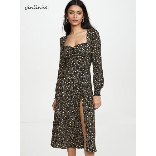 Yinlinhe black yellow Vintage High Wait Spring Dress long Sleeve Split Party Dress Women long Floral beach Vestidos holiday 1440