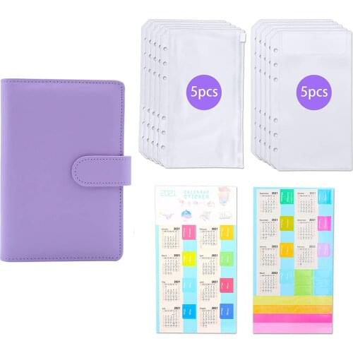 A6 Leather 6 Ring Budget Binder Planner Organizer Cash Envelope System Refillable,with 10Pcs Zipper Pockets,2Pcs Label Stickers