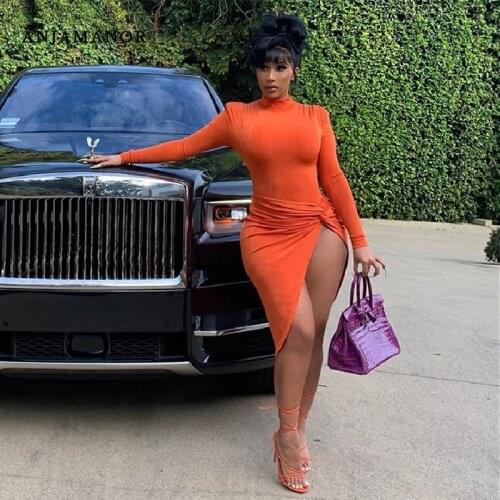 ANJAMANOR Asymmetrical High Split Sexy Dresses for Women Party Night Club Wear Long Sleeve Midi Dress Orange Black D85-BH24