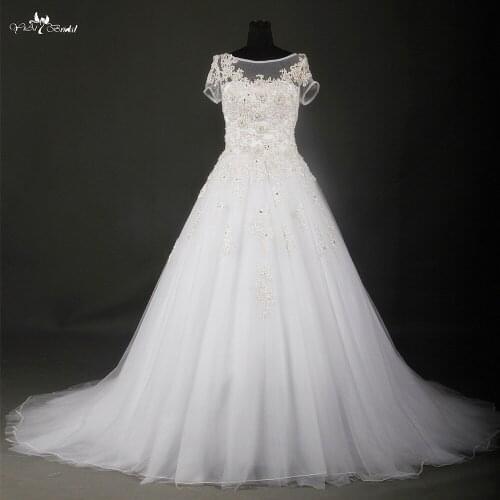 Elegant White And Silver Wedding Dresses Short Sleeve Lace Wedding Dress RSW705