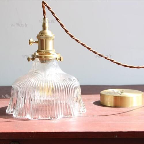 Ruffled Skirt Ribbed Clear Glass Pendant Light Restaurant Hall Hotel Cafe Living Room Japan Style Brass Suspension Hanging Lamp