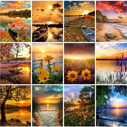 Canvas Size 5d Diamond Embroidery Cross Stitch Seaside Boat Mosaic Diamond Painting Sunset Flower Landscape Rhinestone Pictures