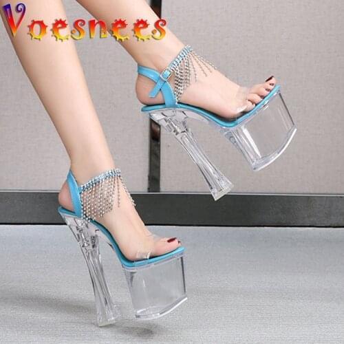 Summer Women Fashion Dancing High Heels Sparkling Tassel Drill Nightclub Model Catwalk Shoes Sexy Transparent Crystal Sandals
