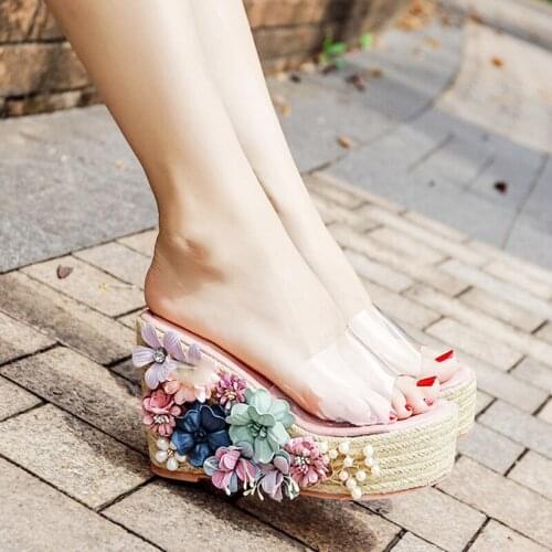 New Multi Flower Embellish Wedge Heel Platform Slipper PVC Transparent Peep Toe Gladiator Zapatos Summer Beach Slide Sandal