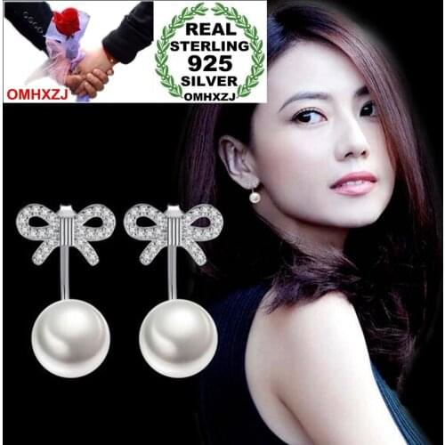 OMHXZJ Wholesale Sweet Elegant Fashion OL Woman Girl Wedding Gift Bowknot Pearl Zircon 925 Sterling Silver Stud Earrings YS413