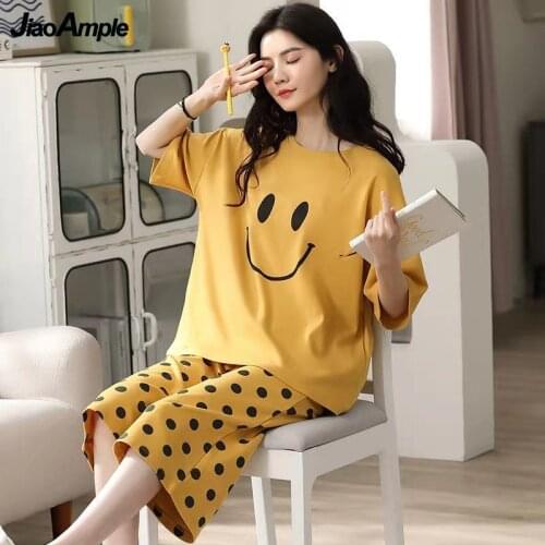 Plus Size Pajamas Women Summer O-Neck Thin Short-Sleeved Shorts Pyjamas 2021 New Sexy Cartoon Sleepwear Girl Cute Home Clothes