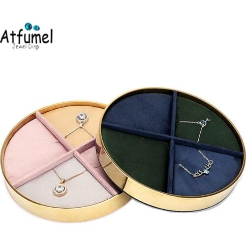 Round Gold Metal Jewelry Display Tray With 4 Pcs Necklace Jewelry Display Storage Holder Pendant Earring Organier Counter Case