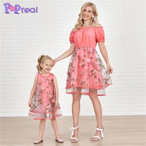 PopReal Summer Parent-Child Outfit Girl Family Dress Mom And Daughter Skirt Mother Kids Embroidery Mesh Stitching Flowers