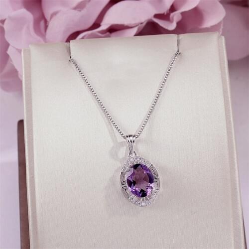 Fine Jewelry Necklace Pendant For Women 10*8mm Natural Amethyst Purple Oval Gemstone Luxury Necklaces White Gold Plated CCN010
