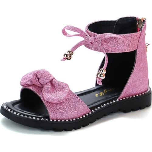 Girls Sandals Gladiator Shoes Bling Flat Heel Fancy Kids Girls Summer Bow All-Match Fashion Teenage Girls Party and Wedding Wear