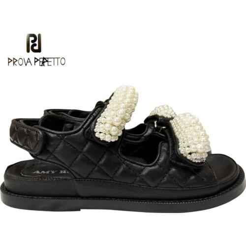 2021 summer fairy style thick bottom all-match flat bottom velcro pearl beaded trendy sandals women